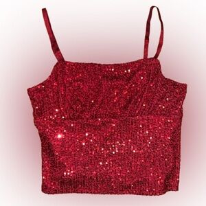 Cropped Red Sequin Fitted Tank Top with Adjustable Straps